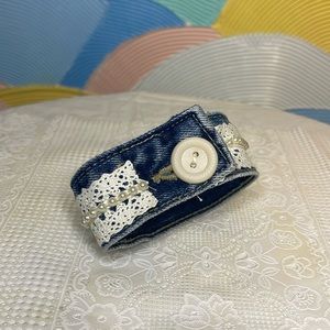 Vintage recycled lace button pearl bracelet Jean denim handmade 10in around